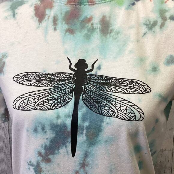Hand Printed Upcycled Youth XL Dragonfly Tie Dye Crew Neck Short Sleeve Tee - Picture 2 of 6